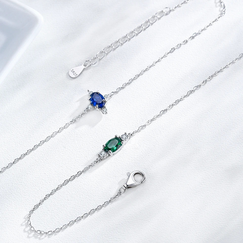 Bracelet femme en argent sterling 925 – Chaîne ovale avec zircon vert et quartz fumé.