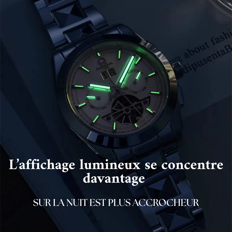 Montre CARNIVAL Tourbillon homme – mécanique automatique, acier tungstène, saphir, étanche 50M.