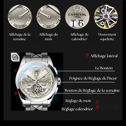 Montre CARNIVAL Tourbillon homme – mécanique automatique, acier tungstène, saphir, étanche 50M.