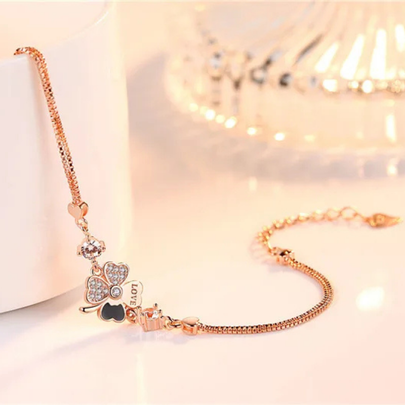 Bracelet femme – Argent Sterling 925 plaqué or rose avec trèfle en cristal.