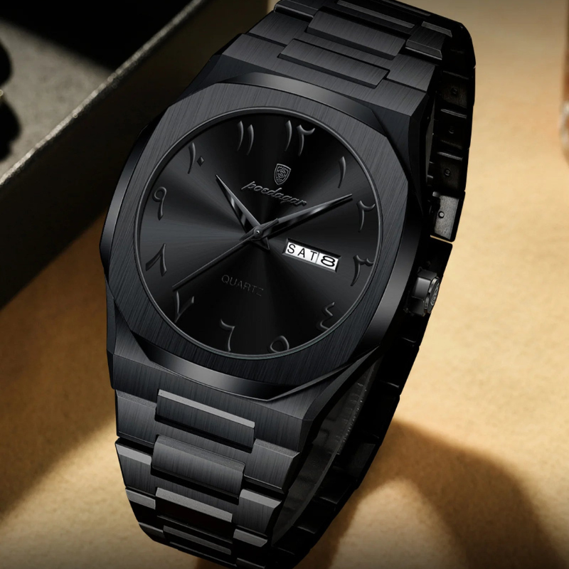 Montre homme – Quartz de luxe, acier inoxydable & calendrier étanche.