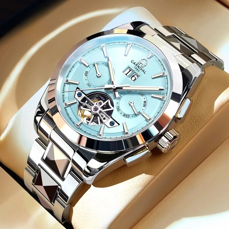 Montre CARNIVAL Tourbillon homme – mécanique automatique, acier tungstène, saphir, étanche 50M.