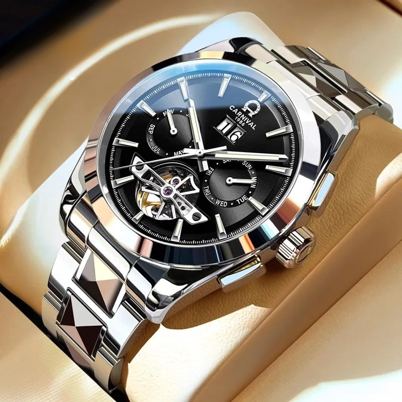 Montre CARNIVAL Tourbillon homme – mécanique automatique, acier tungstène, saphir, étanche 50M.