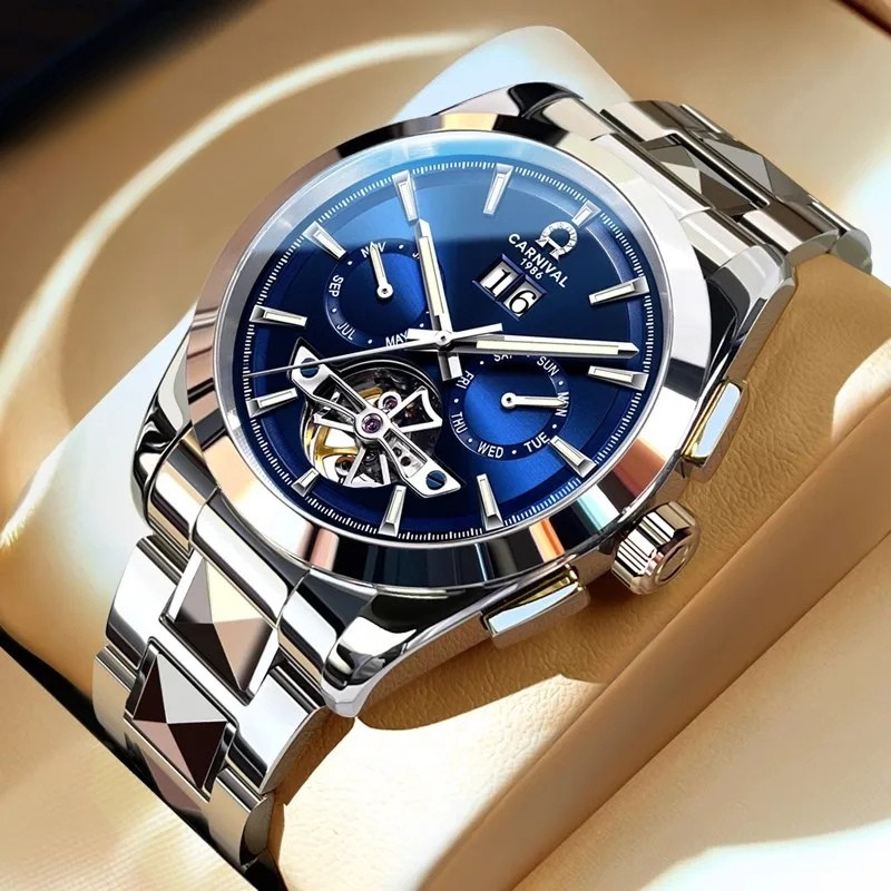Montre CARNIVAL Tourbillon homme – mécanique automatique, acier tungstène, saphir, étanche 50M.