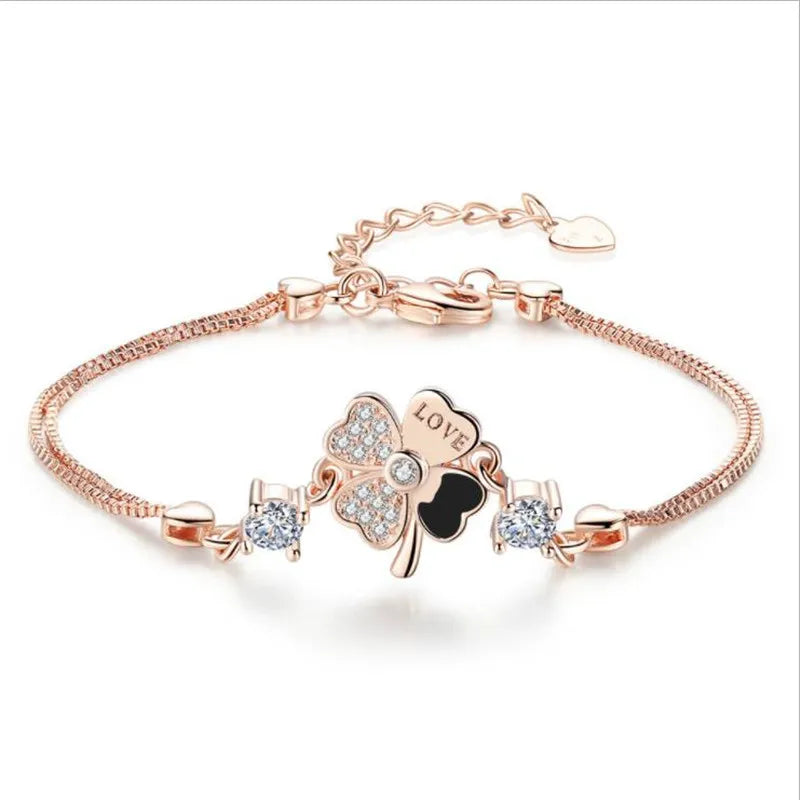 Bracelet femme – Argent Sterling 925 plaqué or rose avec trèfle en cristal.