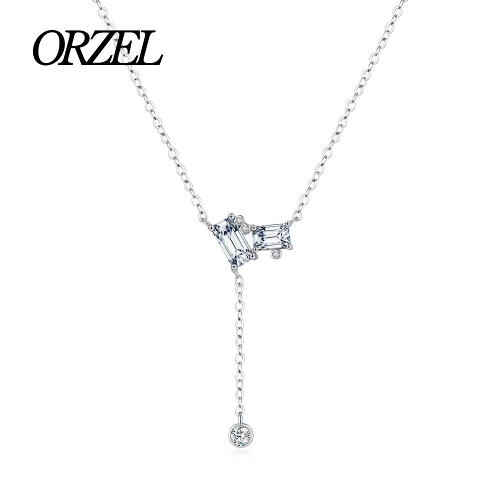 Collier pendentif rectangulaire en Y en argent 925 avec zircone.