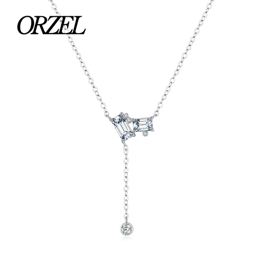 Collier pendentif rectangulaire en Y en argent 925 avec zircone.