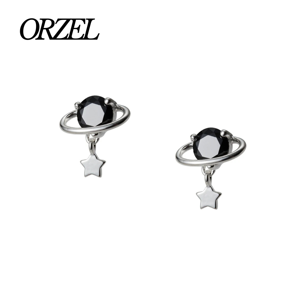 Boucles d’oreilles planète noire en argent 925 avec cristal scintillant.