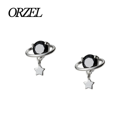 Boucles d’oreilles planète noire en argent 925 avec cristal scintillant.