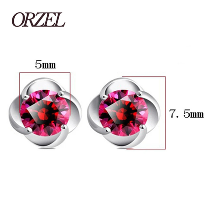 Boucles d’oreilles clous argentées avec pierre rouge.