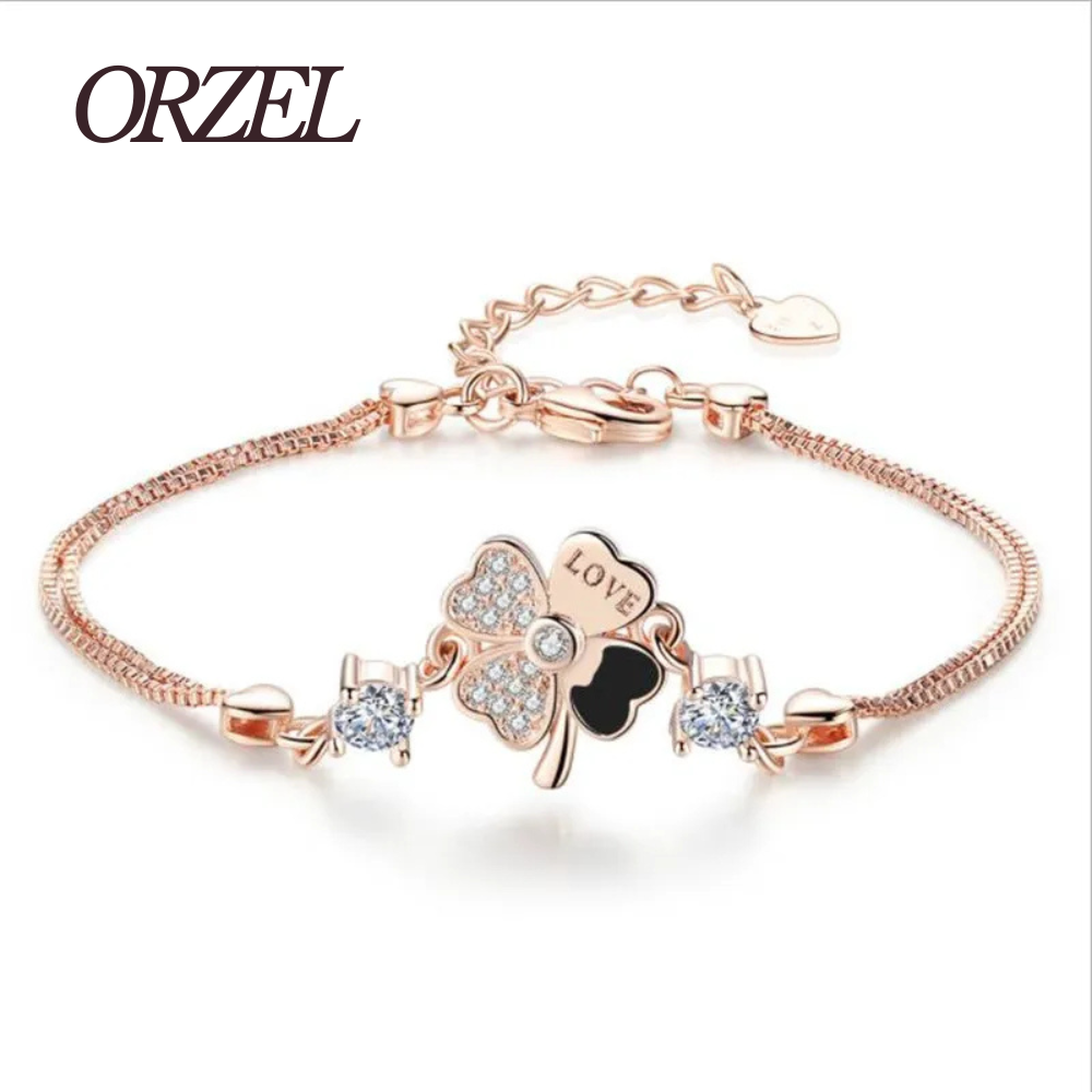 Bracelet femme – Argent Sterling 925 plaqué or rose avec trèfle en cristal.