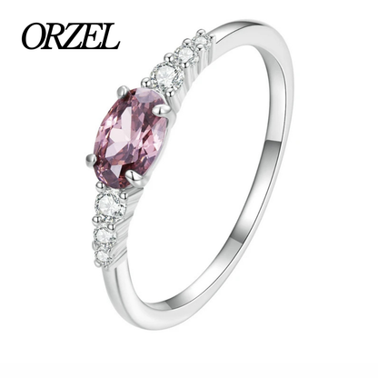 Bague ovale femme en argent sterling 925 – Pierre précieuse verte ou rose, sertie de zircone.