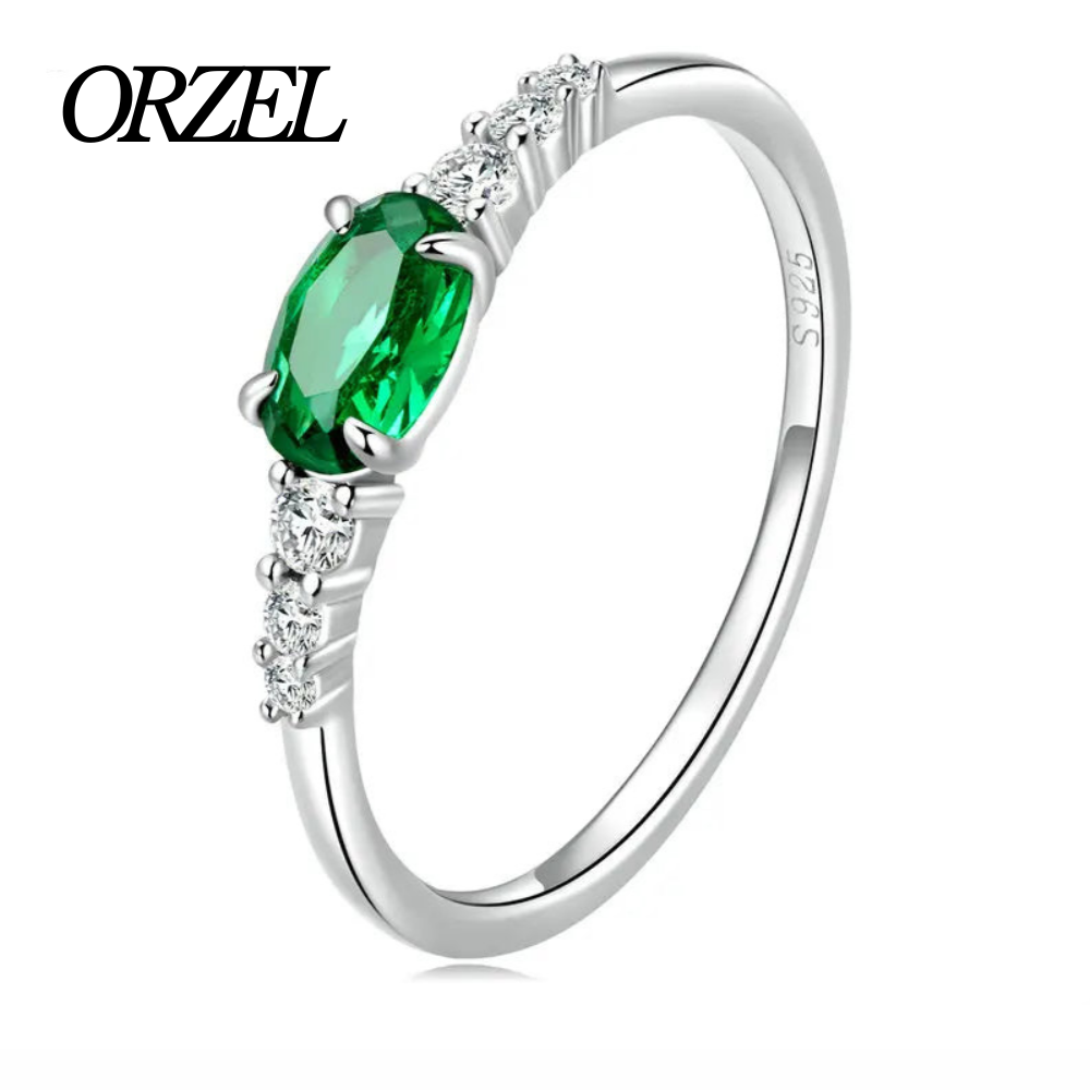 Bague ovale femme en argent sterling 925 – Pierre précieuse verte ou rose, sertie de zircone.