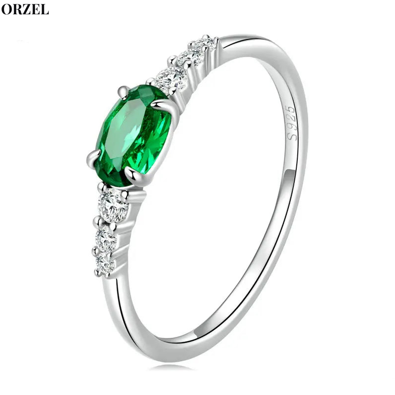 Bague ovale femme en argent sterling 925 – Pierre précieuse verte ou rose, sertie de zircone.