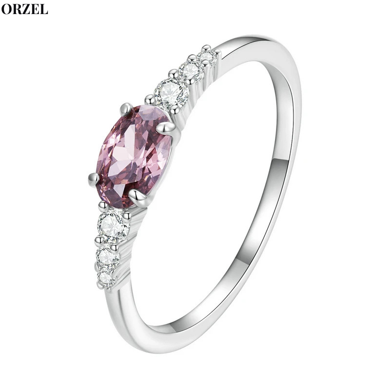 Bague ovale femme en argent sterling 925 – Pierre précieuse verte ou rose, sertie de zircone.