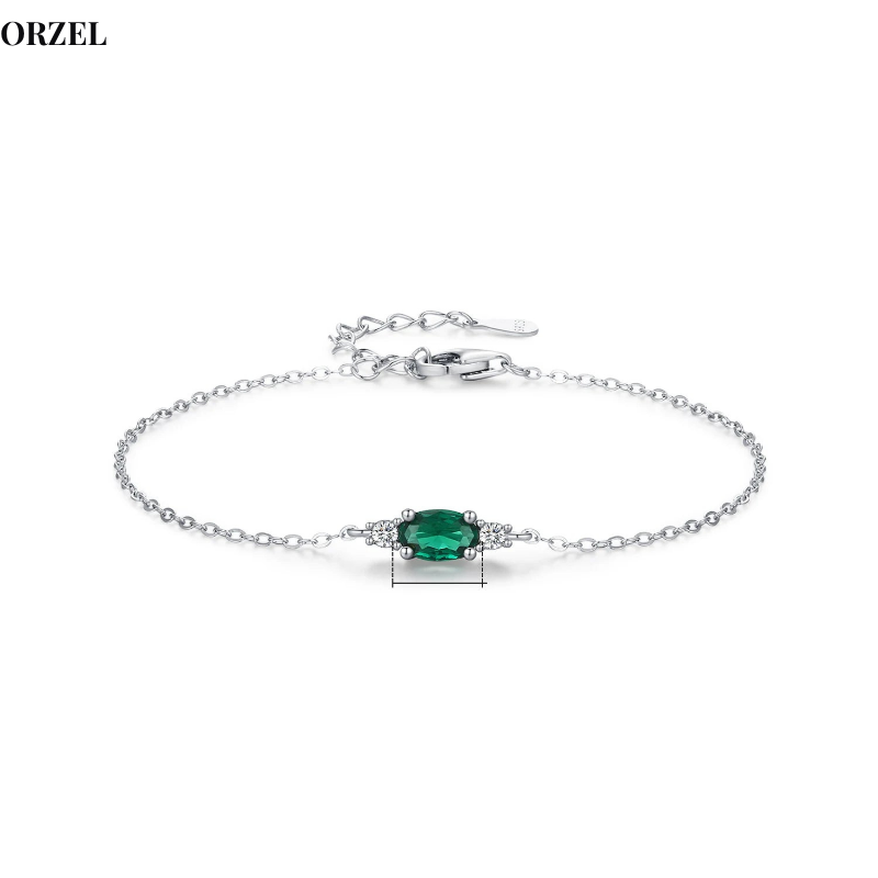 Bracelet femme en argent sterling 925 – Chaîne ovale avec zircon vert et quartz fumé.