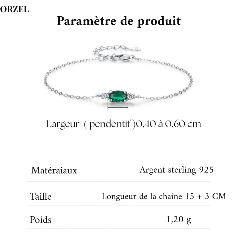 Bracelet femme en argent sterling 925 – Chaîne ovale avec zircon vert et quartz fumé.