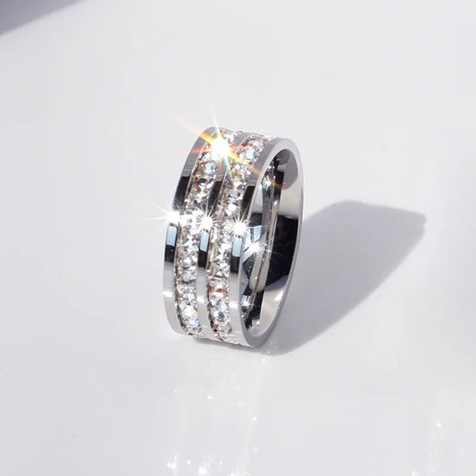 Bague de mariage en acier inoxydable avec Zircon blanc – 1 ou 2 rangées scintillantes.
