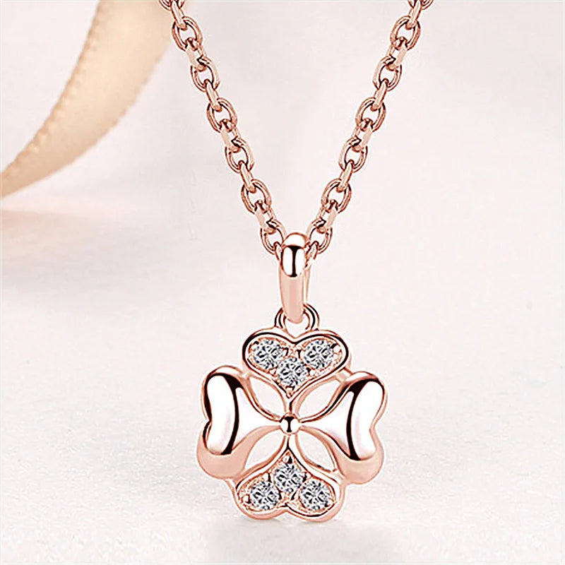 Collier Femme – Argent Sterling 925 Plaqué Or Rose et avec Pendentif Plante & Zircone.